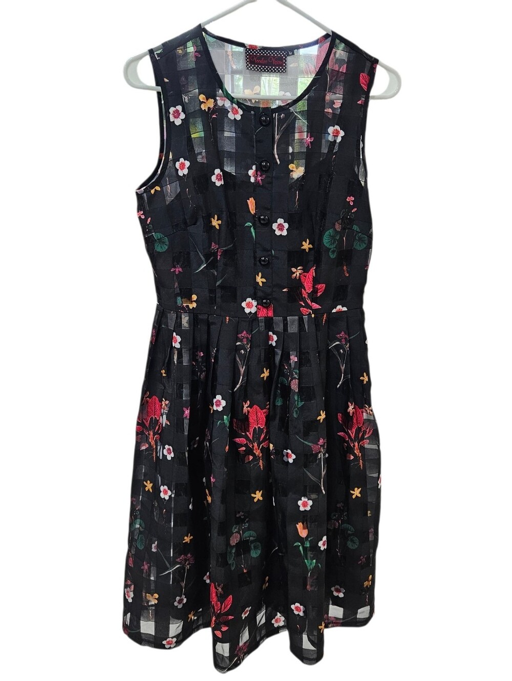 Voodoo Vixen Betsy Dress Black Organza Sheer Check Overlay Floral Retro Sz M